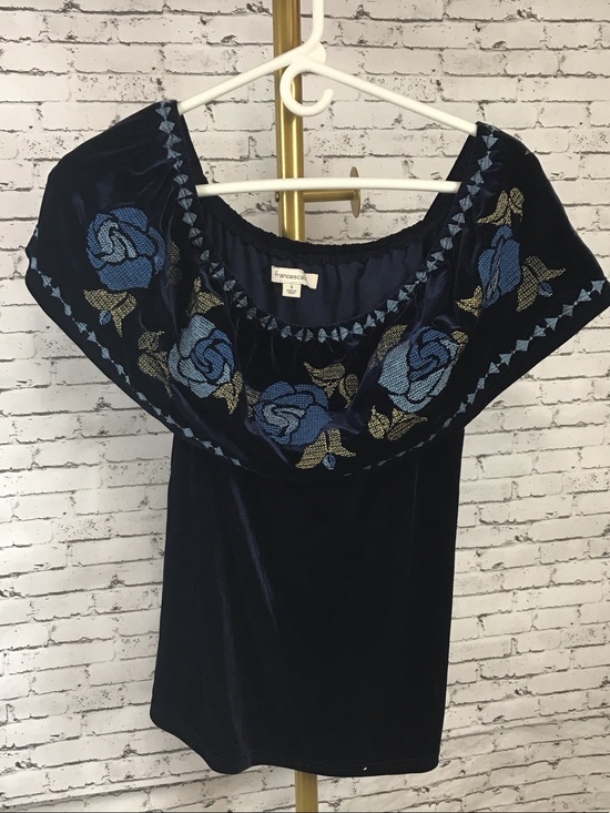 Francesca's Collections Tops - Francesca's | Navy Velvet Off-Shoulder top with Blue & Gold Floral Embroidery, S